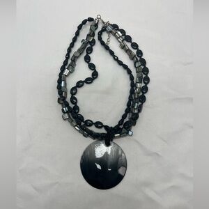Statement Necklace Shell Pendant Multi Strand Hematite Black Gray Bead Jewelry